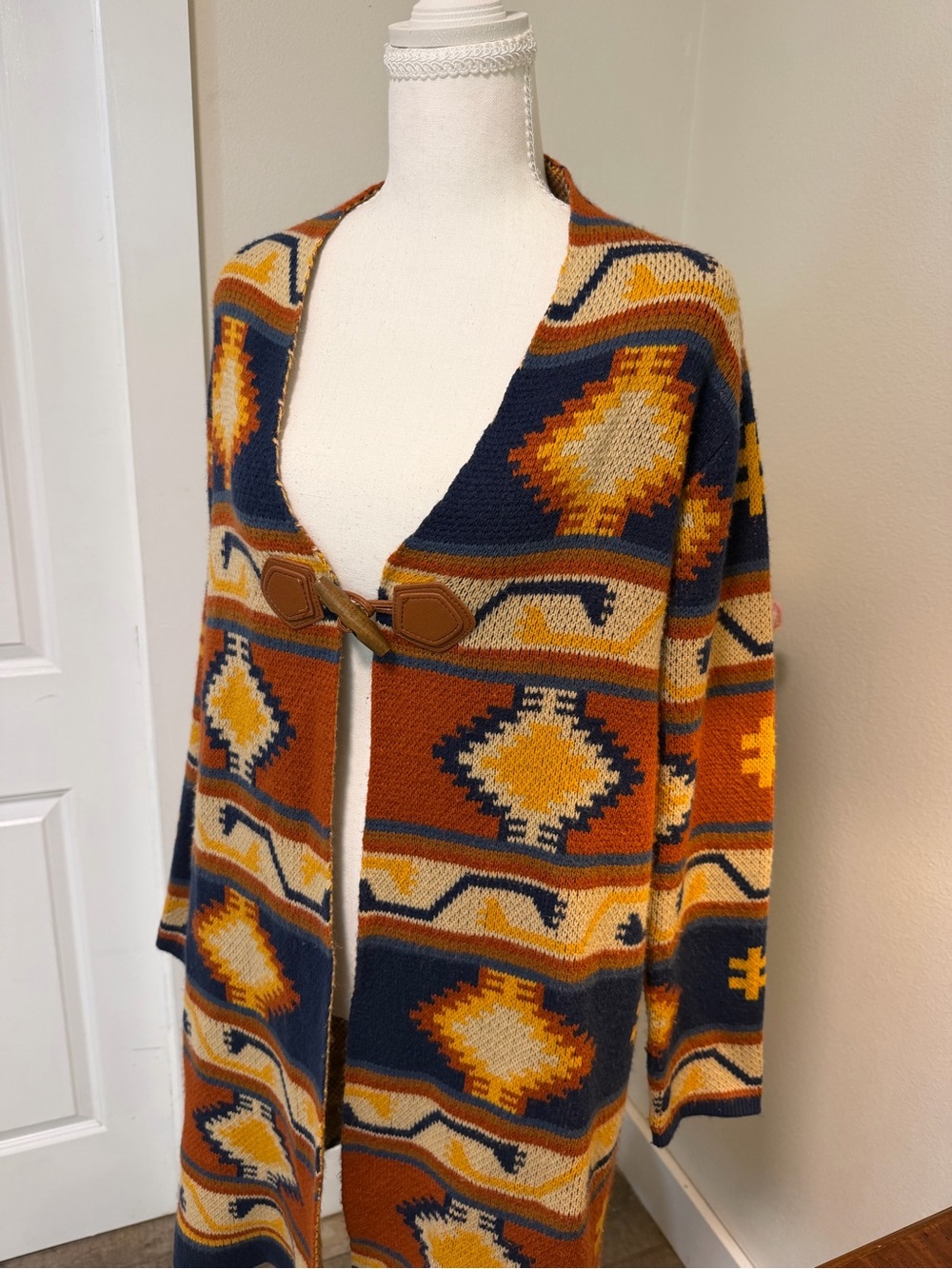 Magnolia Lane Open-Front Aztec Knit Sweater Navy South Western Tribal Aspen